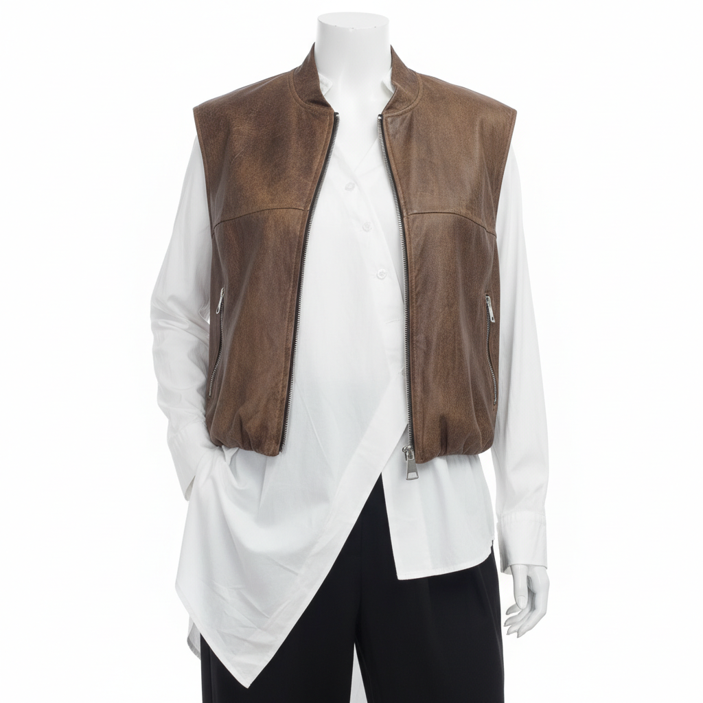 Vestă cu fermoar și efect de piele întoarsă