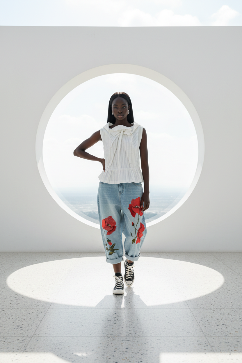 JEANS CON RICAMO DI PAPAVERI