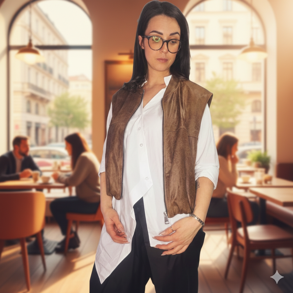 Vestă cu fermoar și efect de piele întoarsă