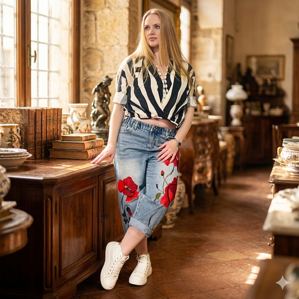 JEANS CON RICAMO DI PAPAVERI