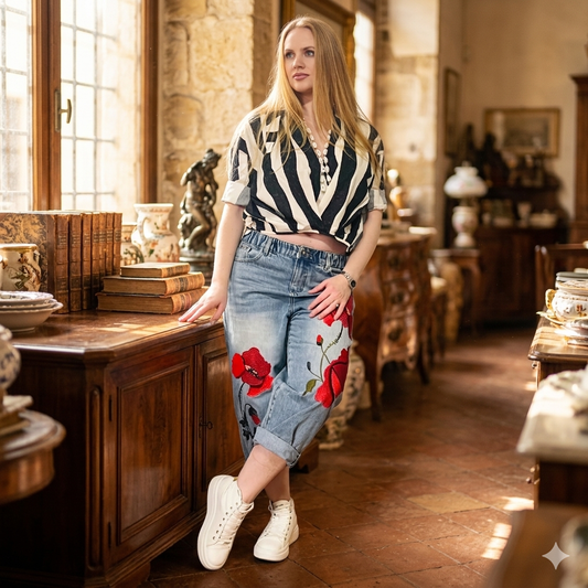 JEANS CON RICAMO DI PAPAVERI
